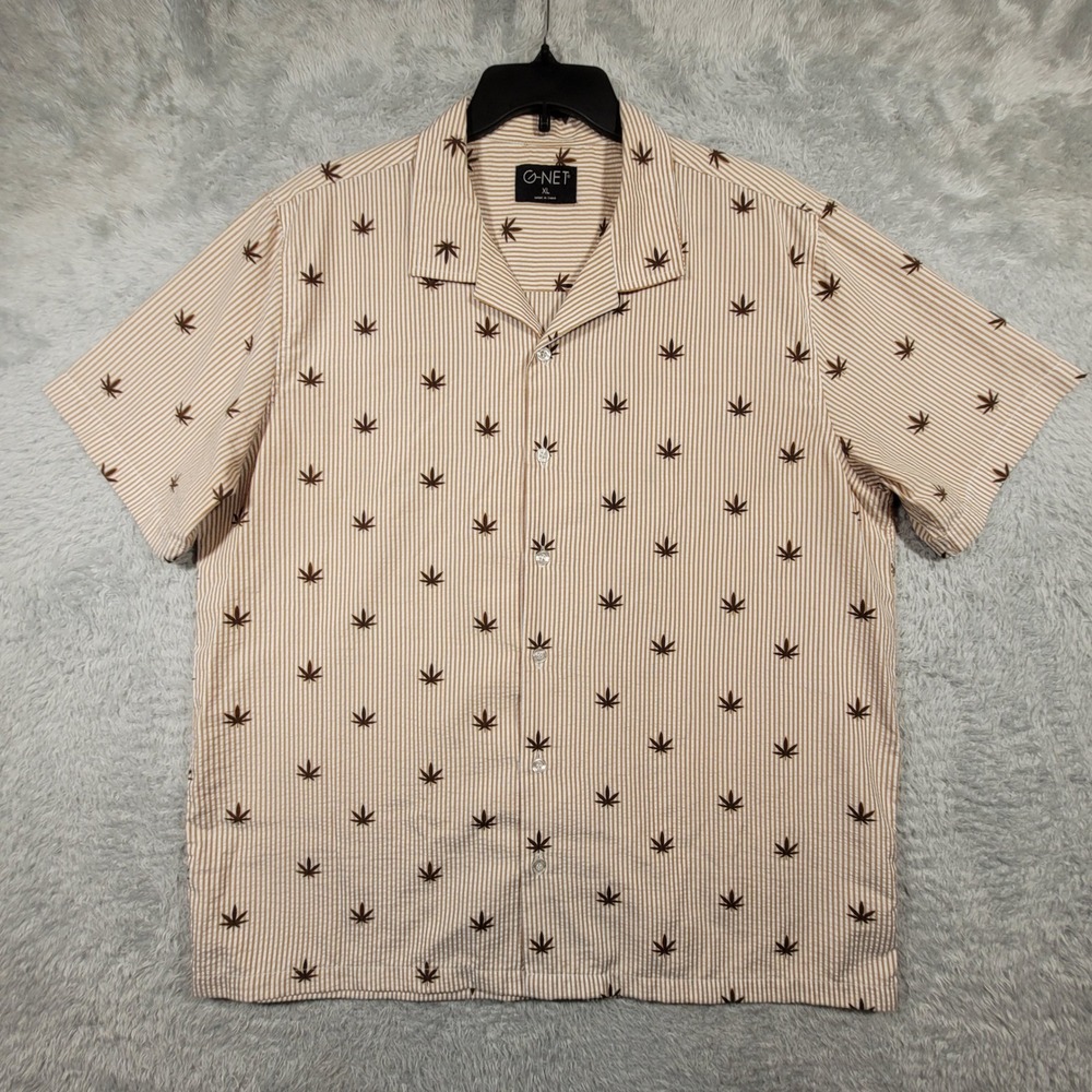 G-NET Button Up Shirt Mens XL Striped Weed Leaf Print Short Sleeve Seersucker